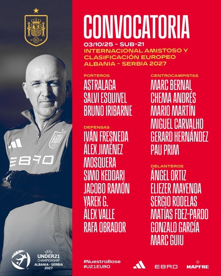 西班牙U21名单：伯纳尔、贡萨洛-加西亚、莫斯克拉、吉乌在列