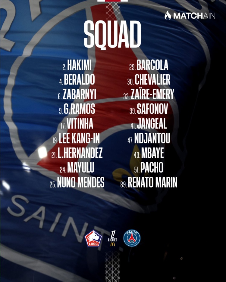 巴黎客战里尔大名单：阿什拉夫、巴尔科拉在列，登贝莱等多人缺席